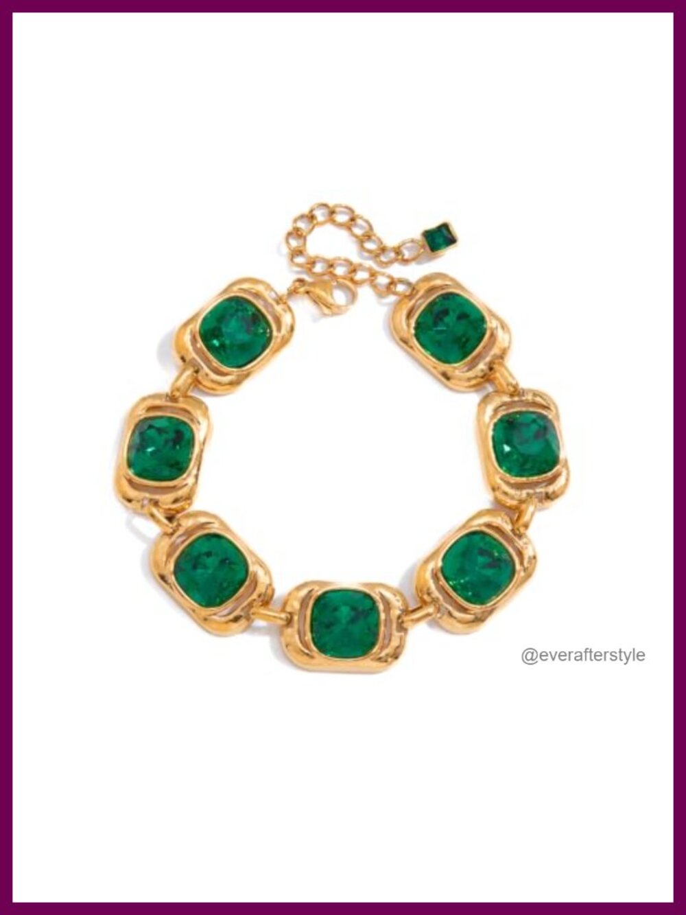 18K Gold Plated Paperclip Chain Bracelet Green Glass Pendant